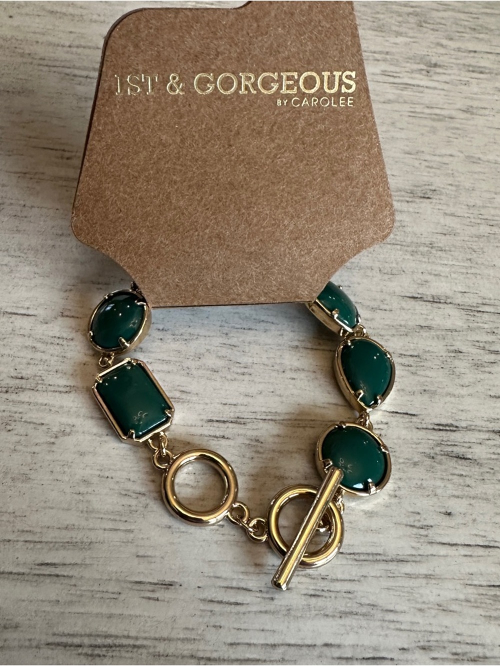 1st & Gorgeous Carolee NY Green Stone Gold-Tone Toggle Bracelet NWT